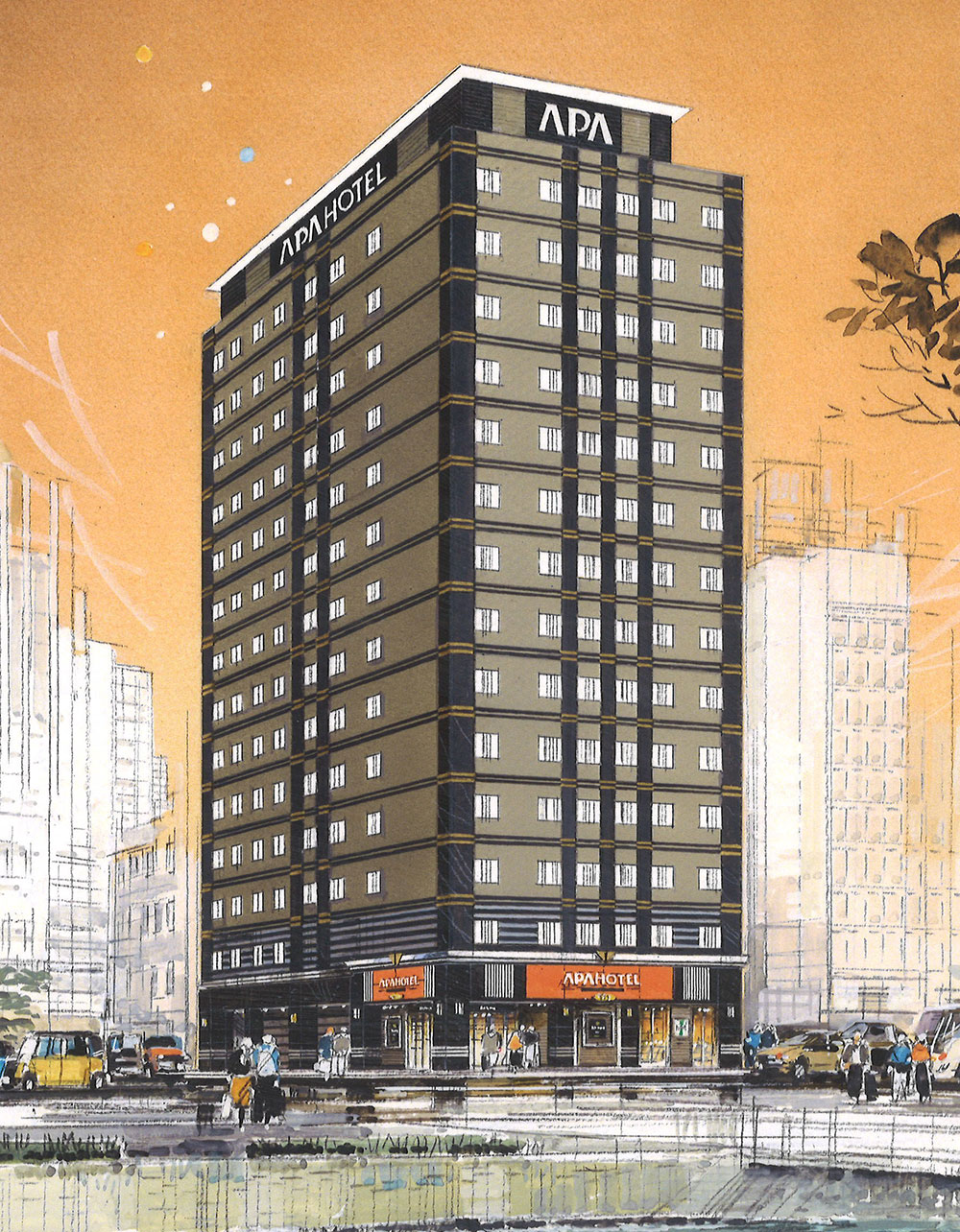 （仮称）アパホテル〈広島駅前〉　完成予想外観パース（パースはイメージであり、外観・色彩・植栽等は実際とは異なります。）