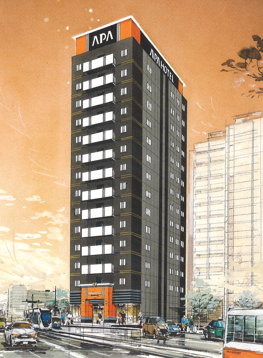 （仮称）アパホテル〈熊本駅前〉　完成予想外観パース（パースはイメージであり、外観・色彩・植栽等は実際とは異なります。）