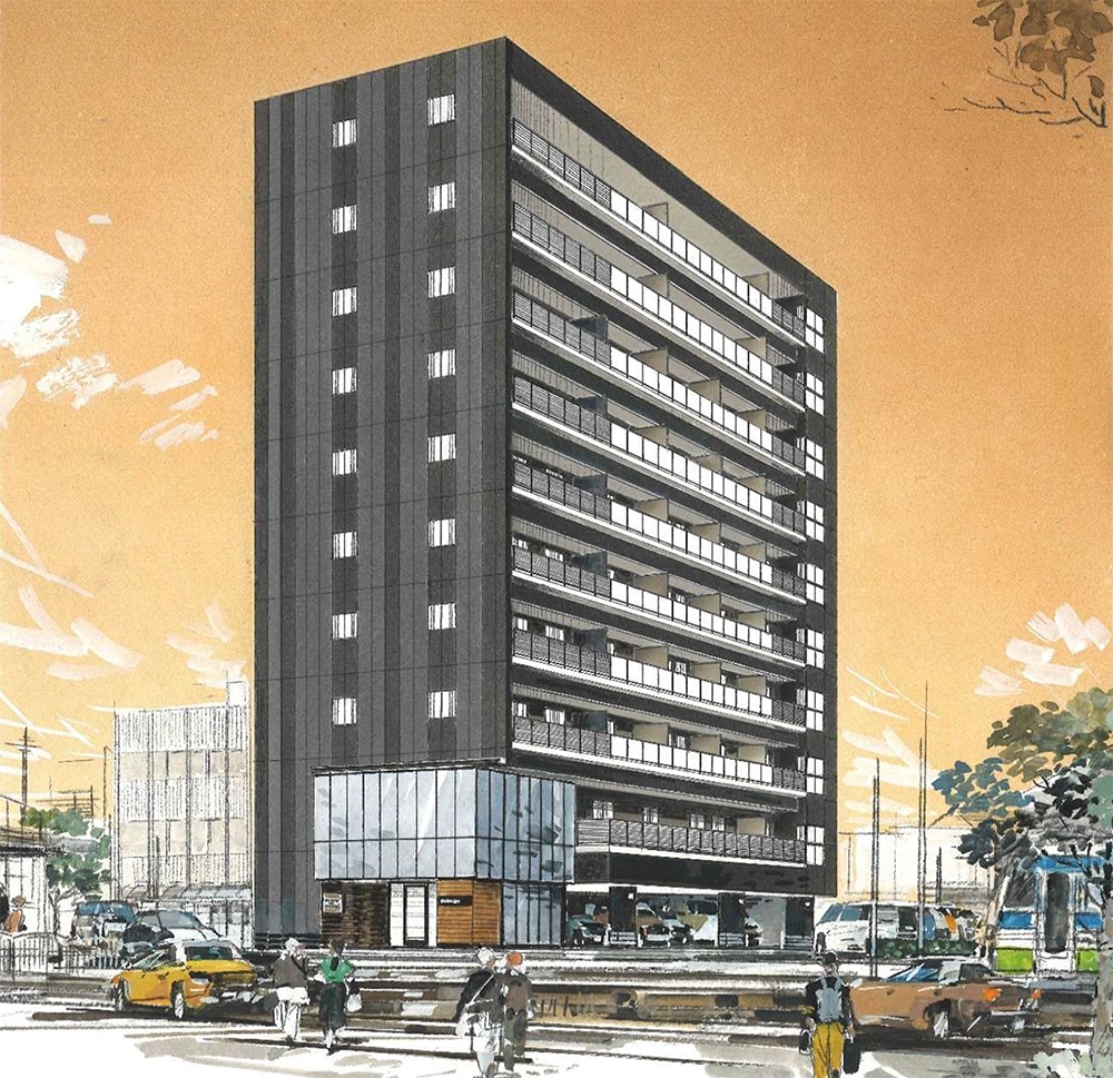 アパグループ福井支店・（仮称）アパ福井マンション　完成予想外観パース（パースはイメージであり、外観・色彩・植栽等は実際とは異なります。）