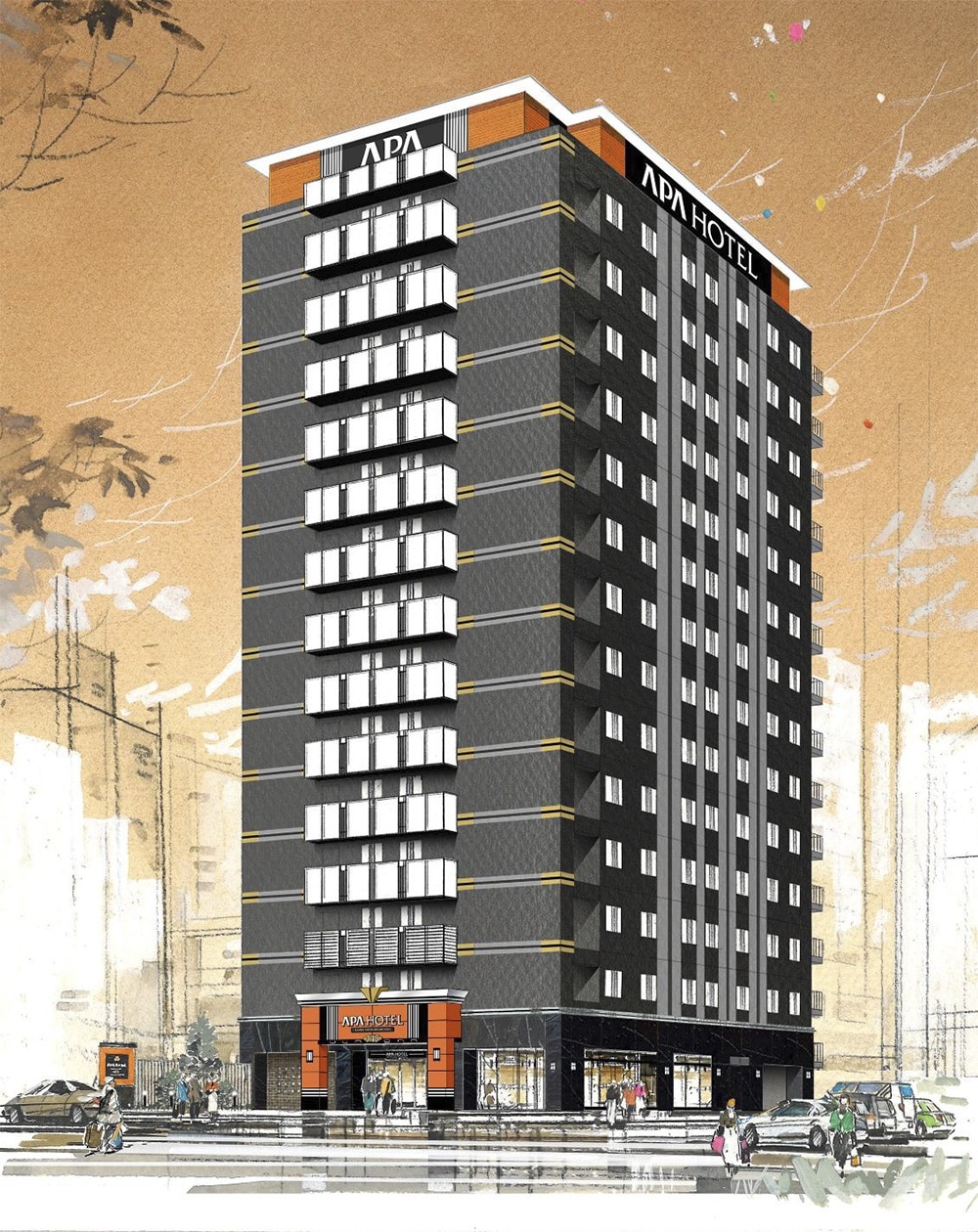 アパホテル〈名古屋金山駅前〉　　完成予想外観パース（パースはイメージであり、外観・色彩・植栽等は実際とは異なります。）
