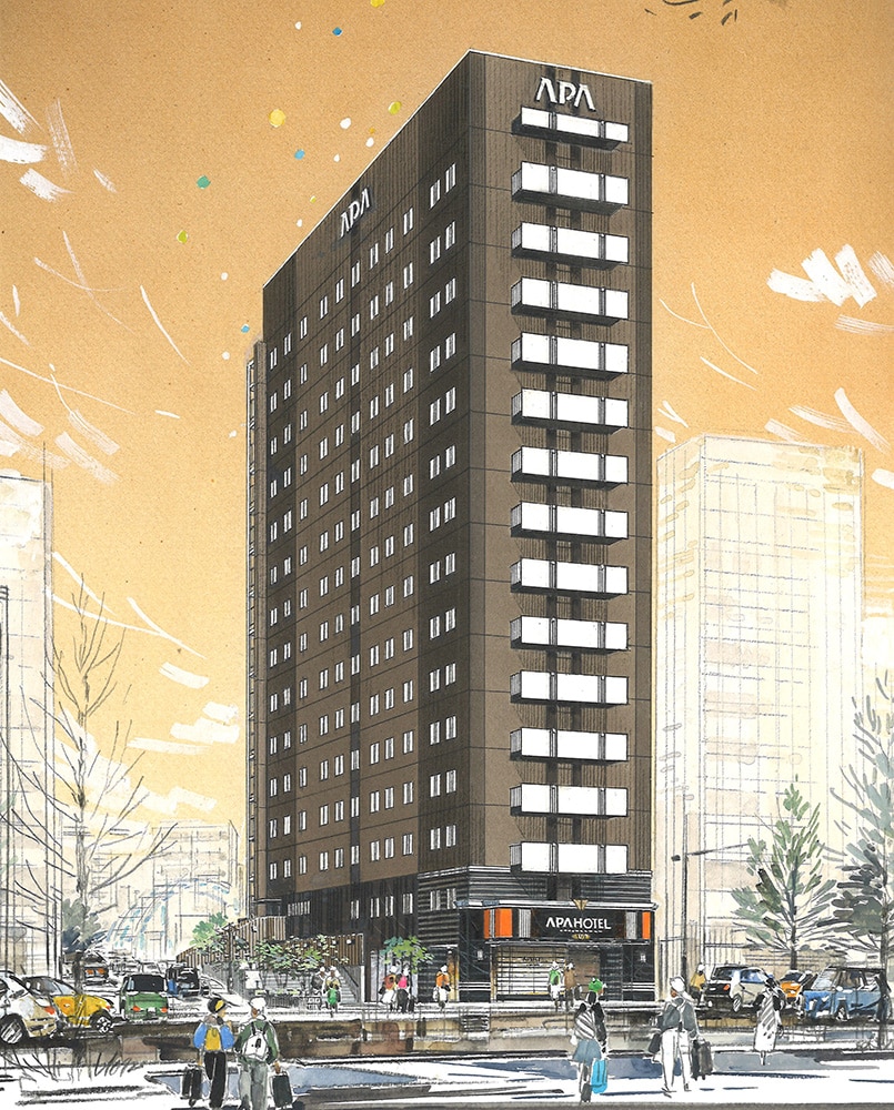 (仮称)アパホテル〈熊本下通〉 完成予想外観パース(パースはイメージであり、外観・色彩・植栽等は実際とは異なります。)