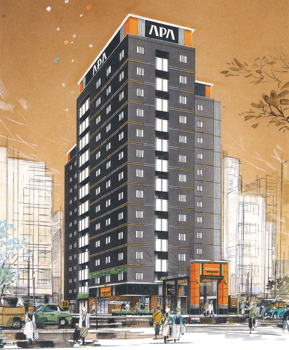 アパホテル〈神田大手町駅北〉　完成予想外観パース（パースはイメージであり、外観・色彩・植栽等は実際とは異なります。）